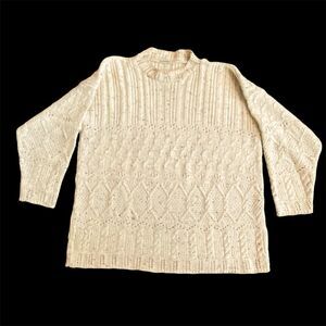 VINTAGE 90s UK Fisherman Cable Knit Sweater 1X Ivory Long Sl Tweed Multi Pattern